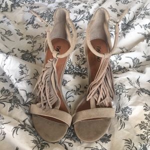 Faux suede fringe heels never worn size 7.5